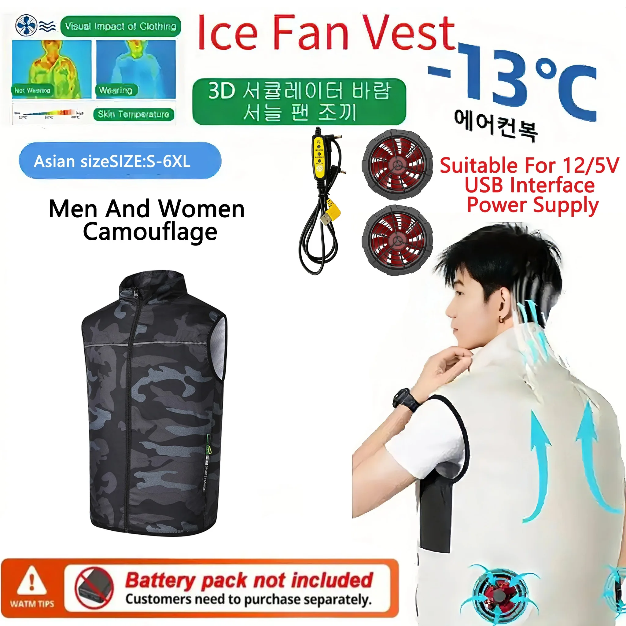 Unisex USB Rechargeable Cooling Fan Vest Sleeveless Air Conditioner Jacket Summer Outdoor Tactical Fishing Work Lightweight Top
