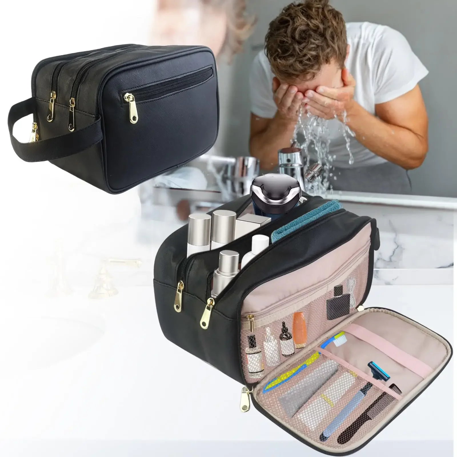 Multifunctional PU Leather Toiletry Bag for Men Waterproof Makeup Organizer for Bathroom Shower Travel Toiletry Accessories