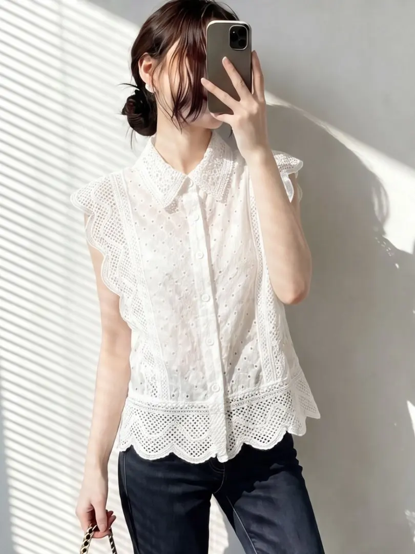 

Unique Lace Hollow out Shirt Women's Summer Fashion Design Breathable White Collar Fly Sleeve Blouse Korean Style Loose Fit