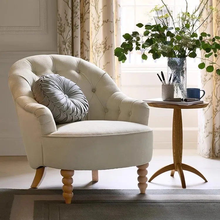 

American solid wood single sofa chair, buckle leisure chair, Nordic simple beige flannel negotiation chair