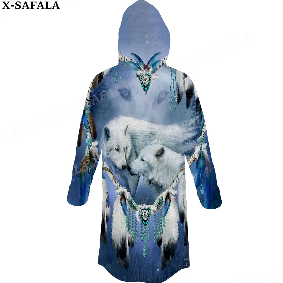 

Native Dark Angry Wolf Moon Print Thick Warm Hooded Cloak Men Overcoat Coat Windproof Fleece Cape Robe Hooded Blanket-6