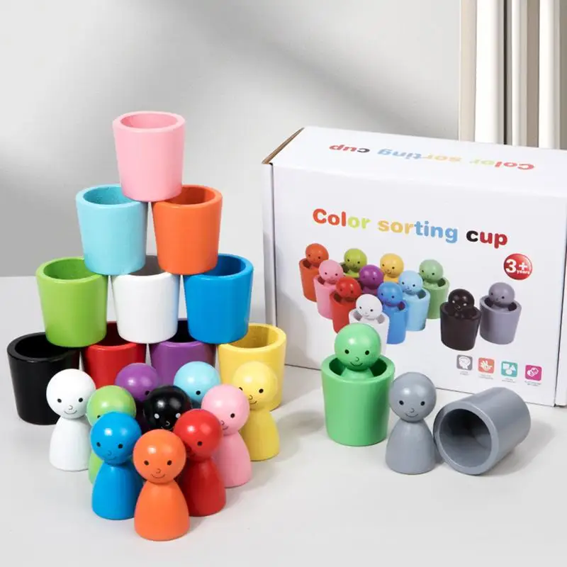 Montessori cor classificação brinquedos correspondência de cores jogo sensorial de madeira peg bonecas em copos educação precoce aprendizagem brinquedos para criança