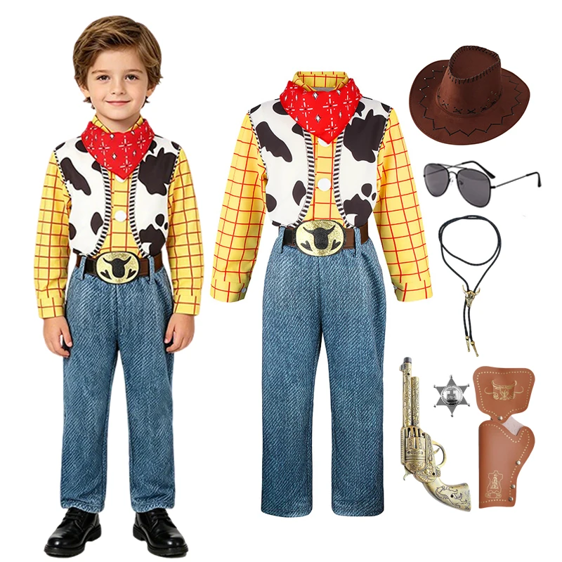 

Kids Toy Story Inspired Cowboy Cosplay Outfit Set With Complete Accessories For Boys Halloween Role Play Themed Party