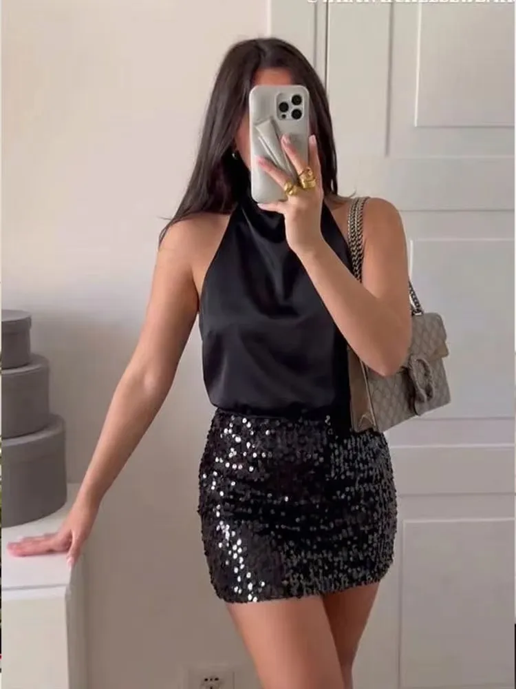 HH – ensemble Mini jupe à paillettes pour femmes, dos nu, épaules dénudées, col licou, élégant, Sexy, tenues de Club de fête