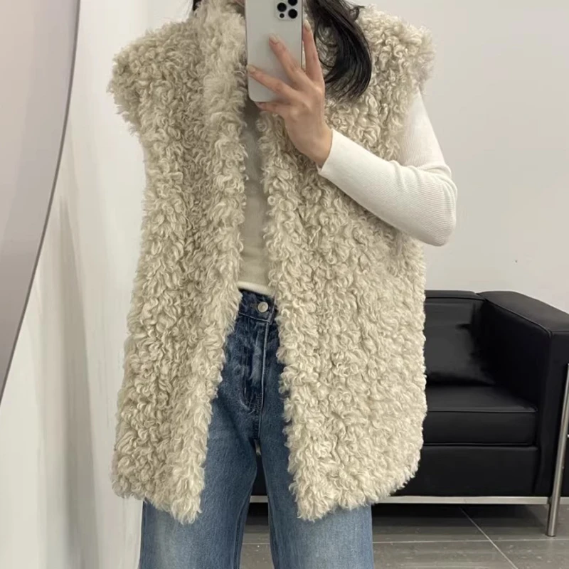 Clothland Women Chic Lamb Fur Waistcoat Open Stitch Sleeveless Vest Female Outwear Fashion Jacket Coat Tops Mujer MA154