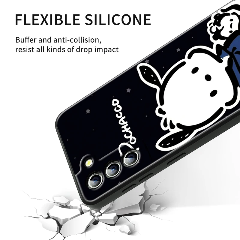 Pochacco Cute Sanrio Silicone Black Phone Case For Samsung Galaxy S24 S23 S22 S21 S20 FE S10 S9 S10E S8 Plus Ultra Lite 5G