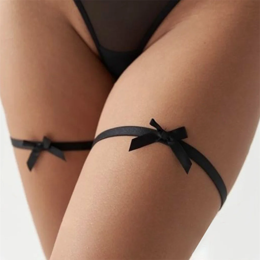 2pcs Women's Black Bowknot Elastic Thigh Garters Punk Sexy Suspender For Holding Stockings Anti-Slip Festival Party Costumes