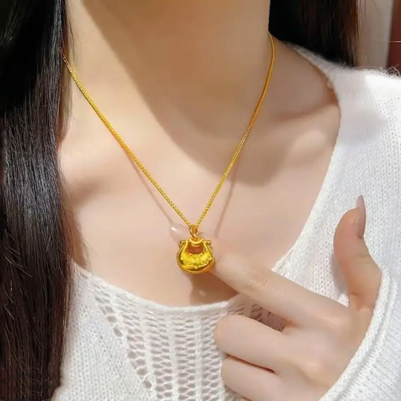 Chinese Style Auspicious Luck Blessing Fu Character Lock Pendant Necklace Gold Color Bamboo Chain Yuanbao Wealth Attracting Jewe