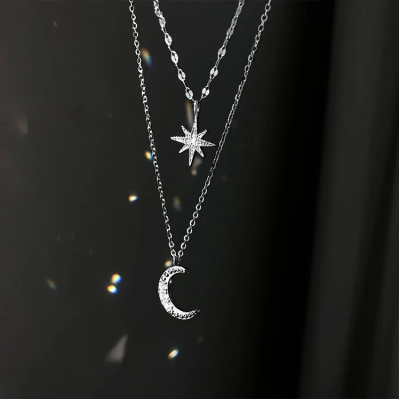 Simple Double Layer Star Moon Charm Multilayered Necklace Delicate Clavicle Chain Zircon for Women Fashion Jewelry 2024