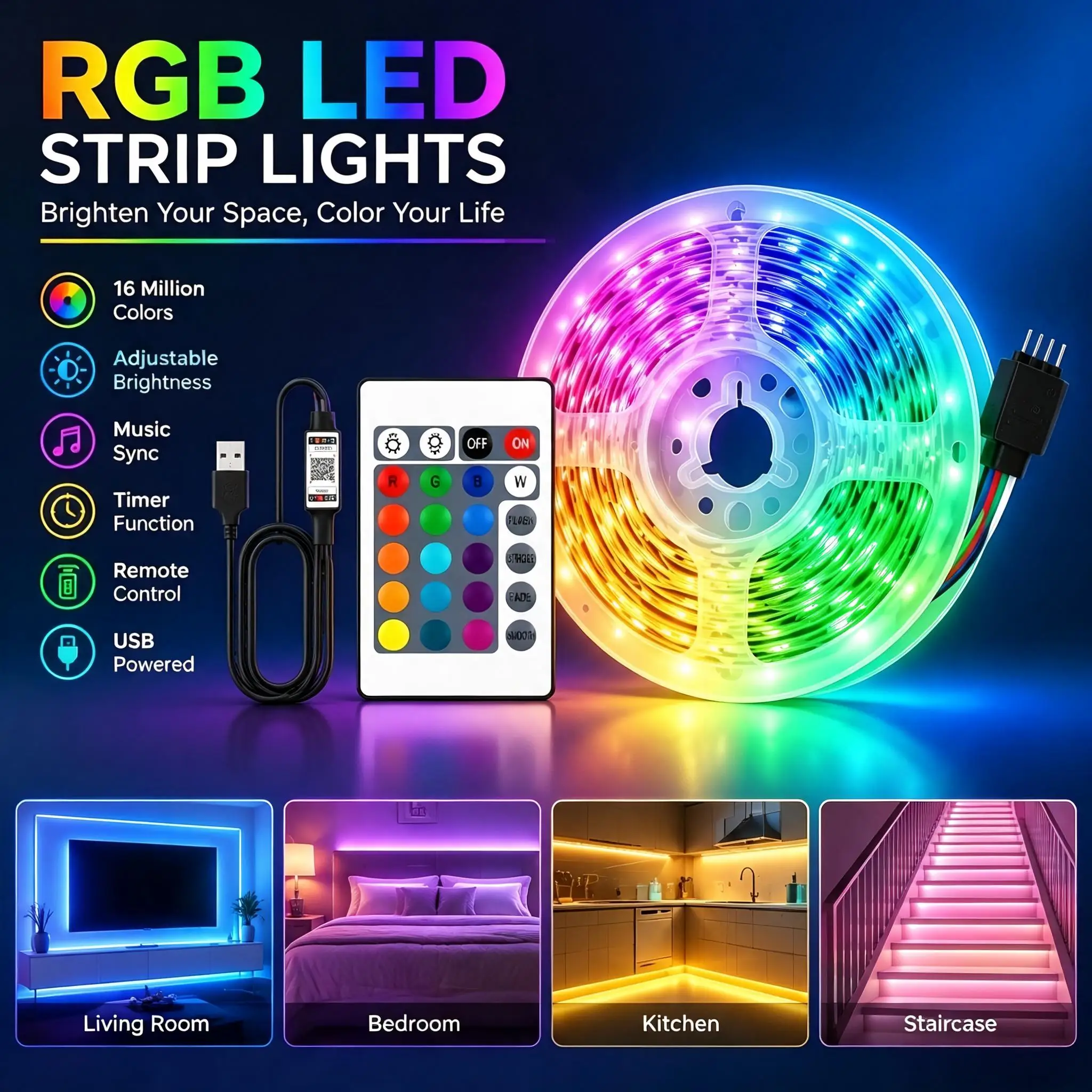 Smart bedroom RGB light strip, 1-30 meter USB power supply, suitable for bedroom, living room, Christmas and wedding decorations