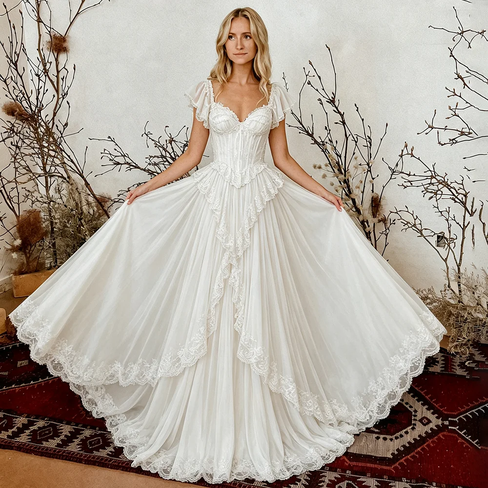 Vintage Tiered Lace Corset Top Bridal Gowns Short Flutter Sleeves Off Shoulder Customized Ivory Tulle Princess Wedding Dress