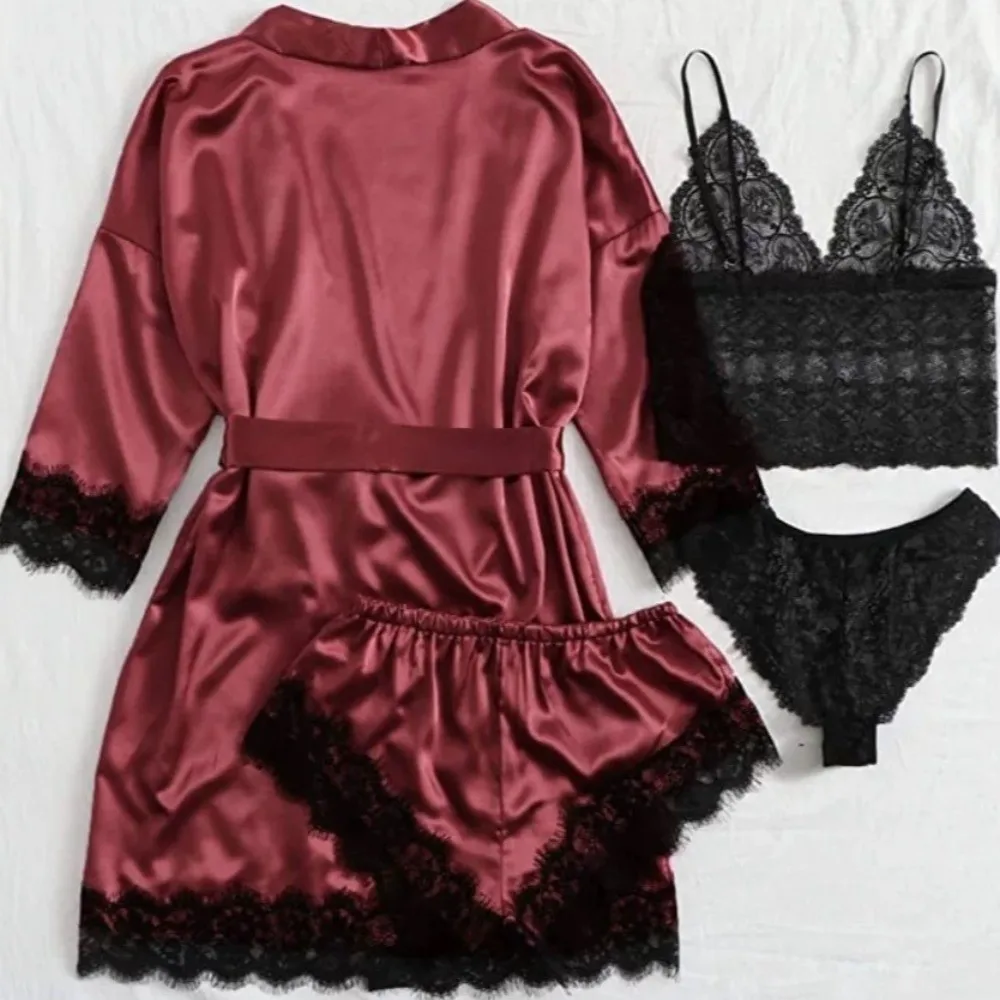 

Women Homewear Elegant Satin Pajamas Outfit Bowknot V-Neck Shorts Camisole Nightdress Panties Loose Lace Sleepwear Sets Gifts