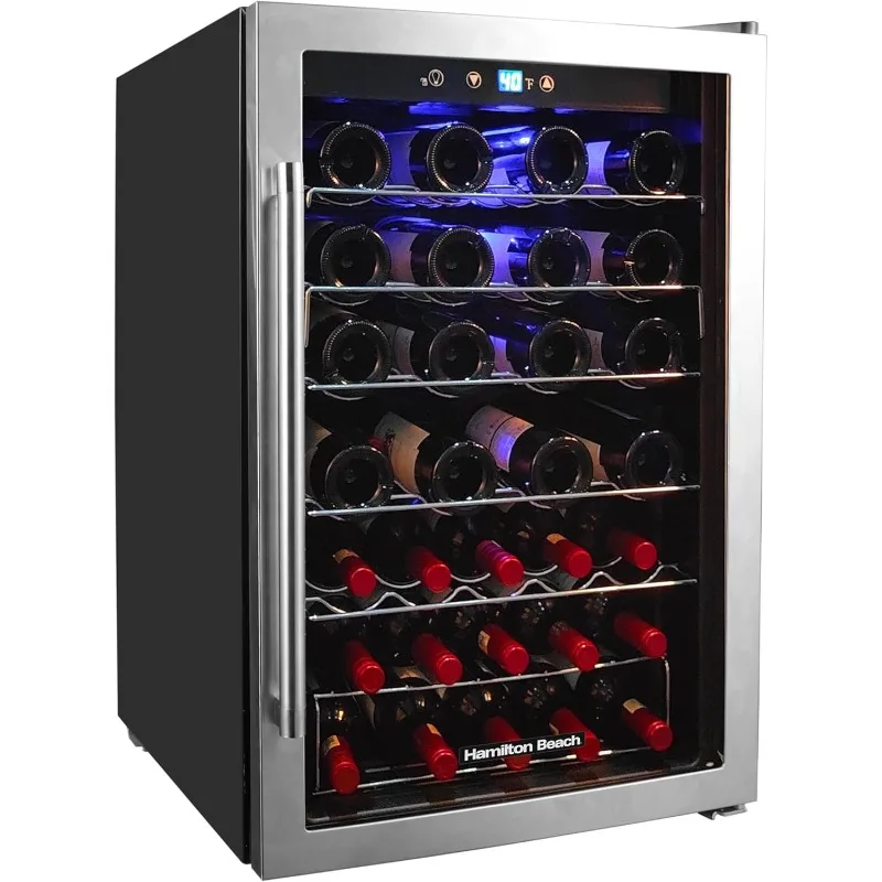 HBWF4303, 43-Bottle Wine Cooler Fridge Cellar with Curved Wire Shelves, Digital Control, Mirror Finish