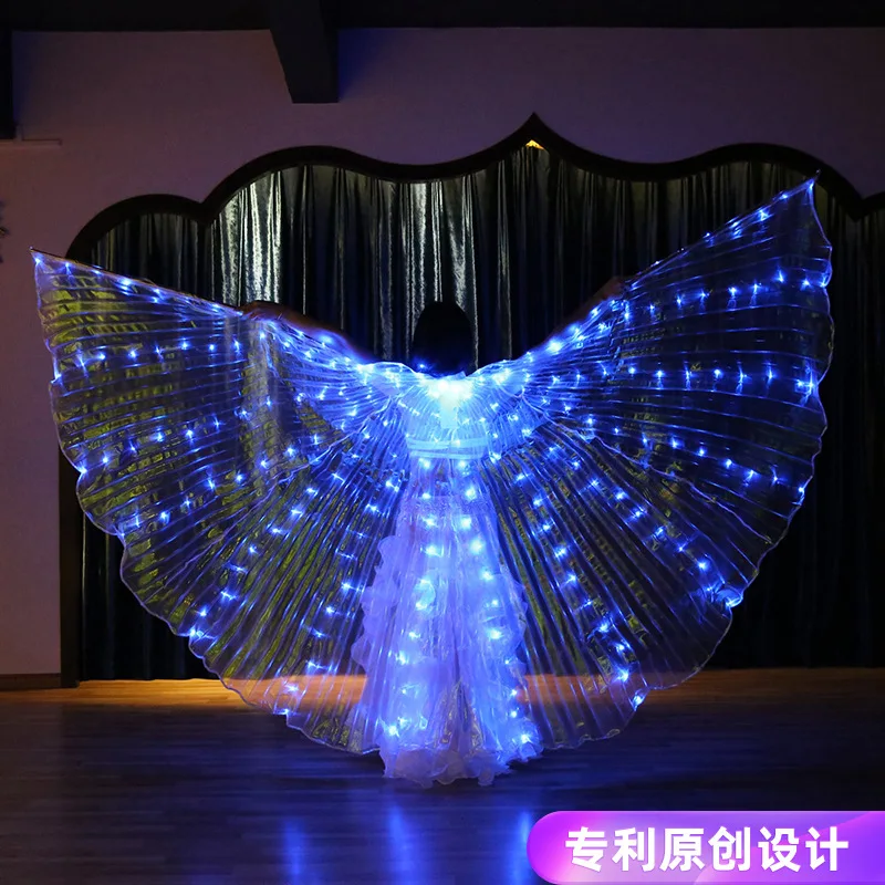 Dança do ventre azul alas led asas para dança adulto desempenho fluorescente borboleta isis asas carnaval festival outfit varas