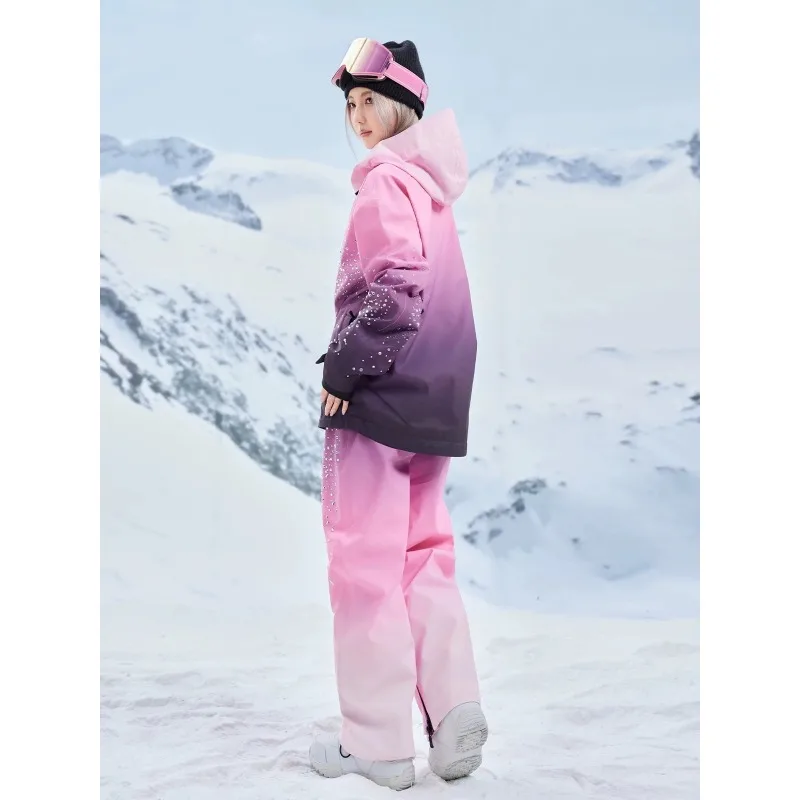 Unisex Gradient Rhinestone-Embellished Ski Suit Set, Waterproof Windproof Insulated Jacket & Bib Pants view 4