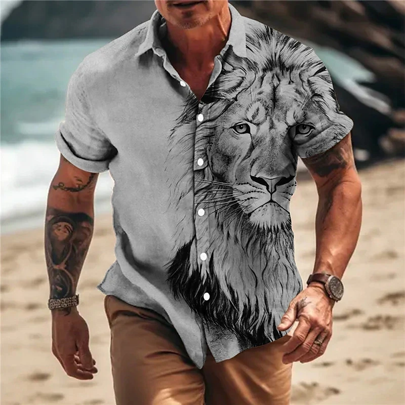 Hawaiian Men\'s Shirt 3D Animal Print Summer New And Women\'s Lion Pattern Short Sleeve Loose Large Breathable Top