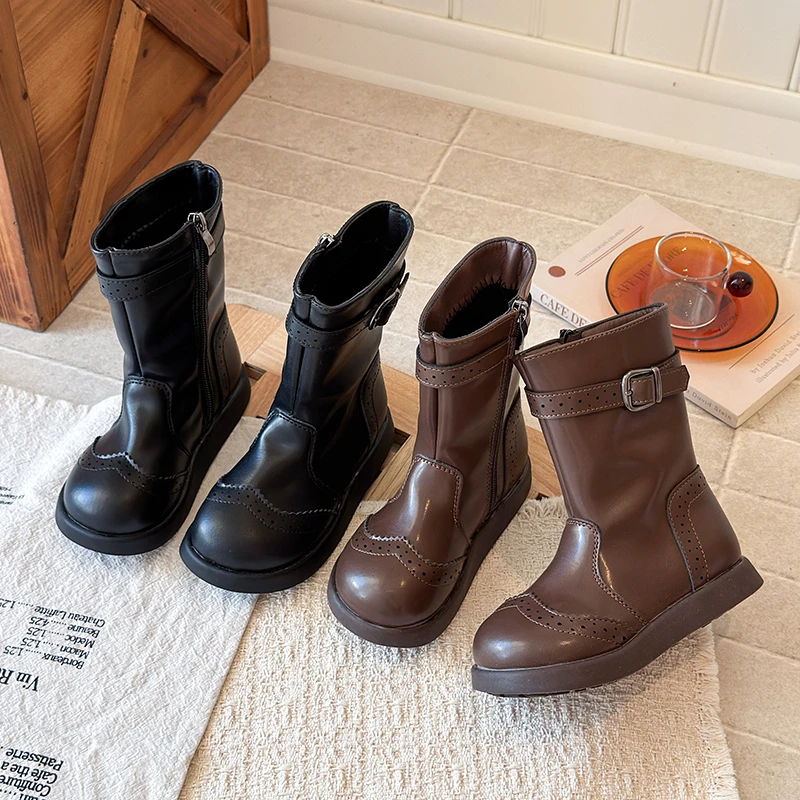 Girls British Style Leather Boots 2026 New Winter Toddler Chunky Mid-calf Boots Non-slip Classic Carved Back To School Boots