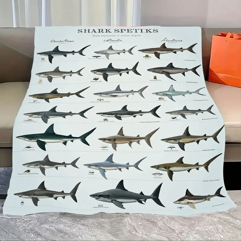 

1pc Flannel Blanket Shark Species Guide Blanket - Ocean Life Decor for Beach Lovers