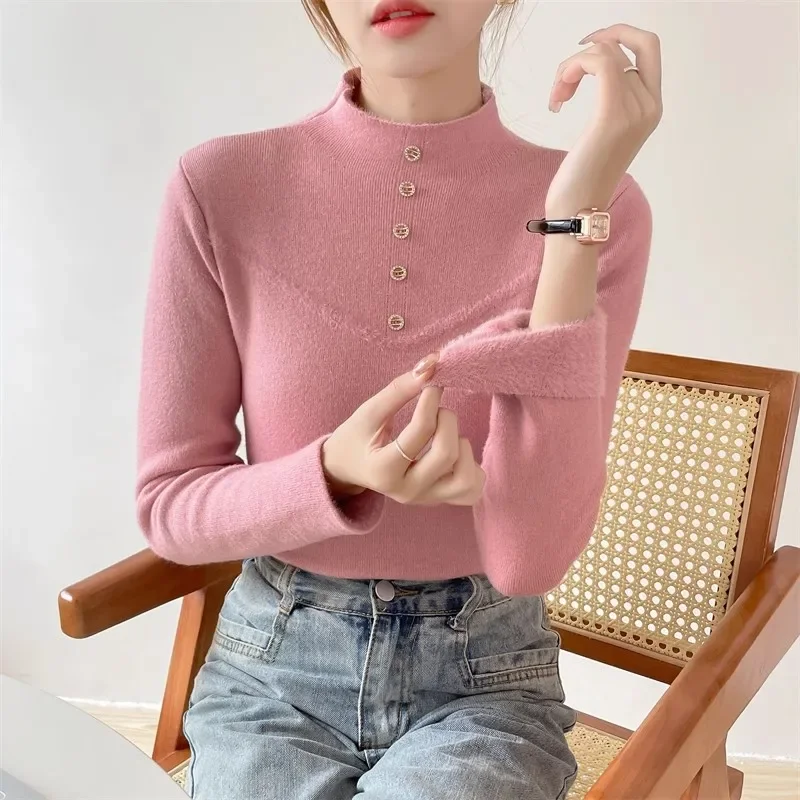 Thicken Winter Sweater Casual Fleece Lined Women Warm Pullover Half Turtleneck Soft Knit Tops Slim Plus Velvet Knitwear Jumper