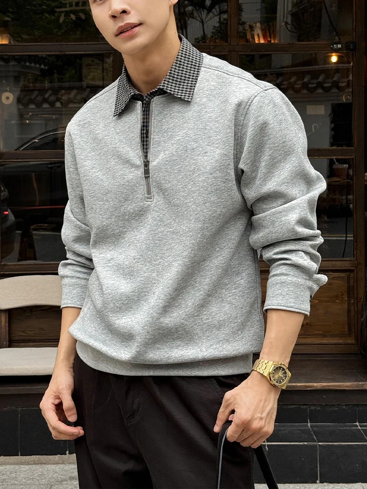 

Men's Plaid Patchwork f Zip irt Long Sve Faion Design Casual Wear Stand Fit Youth Wear Spring Season