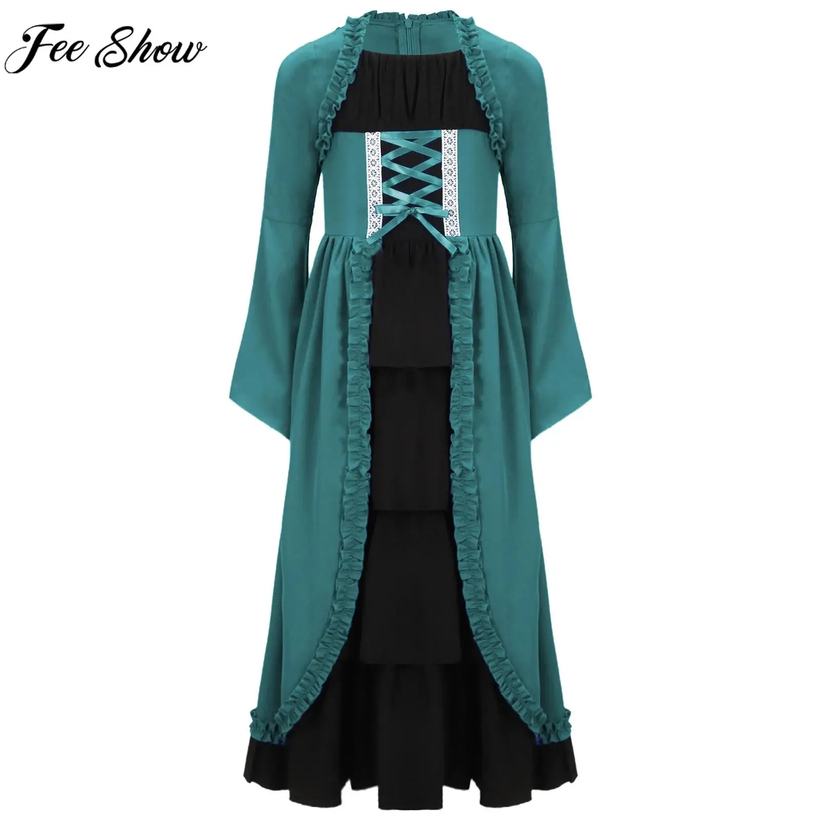 Vestido Medieval renacentista para niñas, disfraz de Halloween, Carnaval, campesino, Cosplay, manga acampanada, vestido Maxi Vintage con volantes en capas