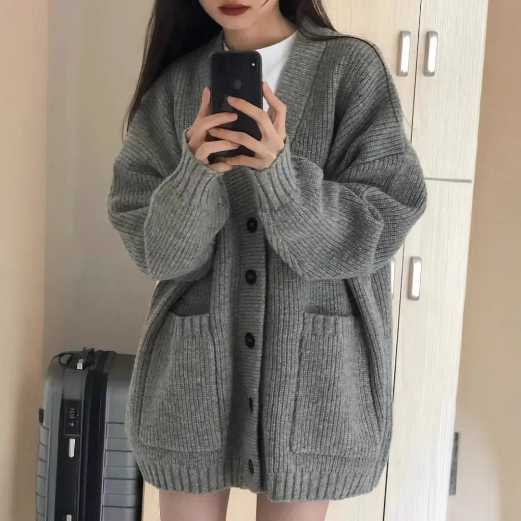 

Women's High-End Gray Knitted Cardigan Lazy Style Sweater Jacket Mid-Length Trendy Top for Spring And Fall
