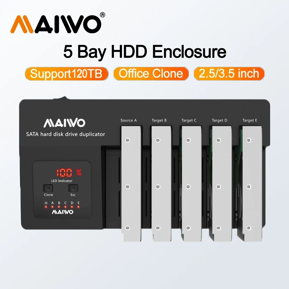 

MAIWO 5 Bay 2.5 3.5 Inch HDD/SSD Enclosure Support 120TB 5Gbps Speed SATA to USB 3.0 HDD Case with Offline Clone Digital Display