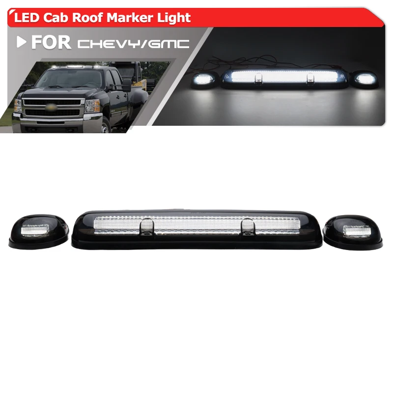 

3x For Gen1 Chevy Silverado GMC Sierra 1500 1500HD 2500 2500HD 3500 1999-2007 Smoked White LED Cab Marker Light Top Running Lamp