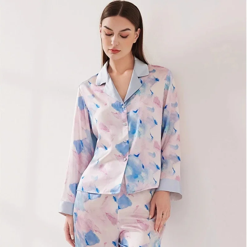 

Топ с длинными рукавами из натурального шелка шелковицы с принтом 19 мм и брюки, пижамный комплект, женский кардиган, пижама, осенняя повседневная одежда для дома, домашняя одежда