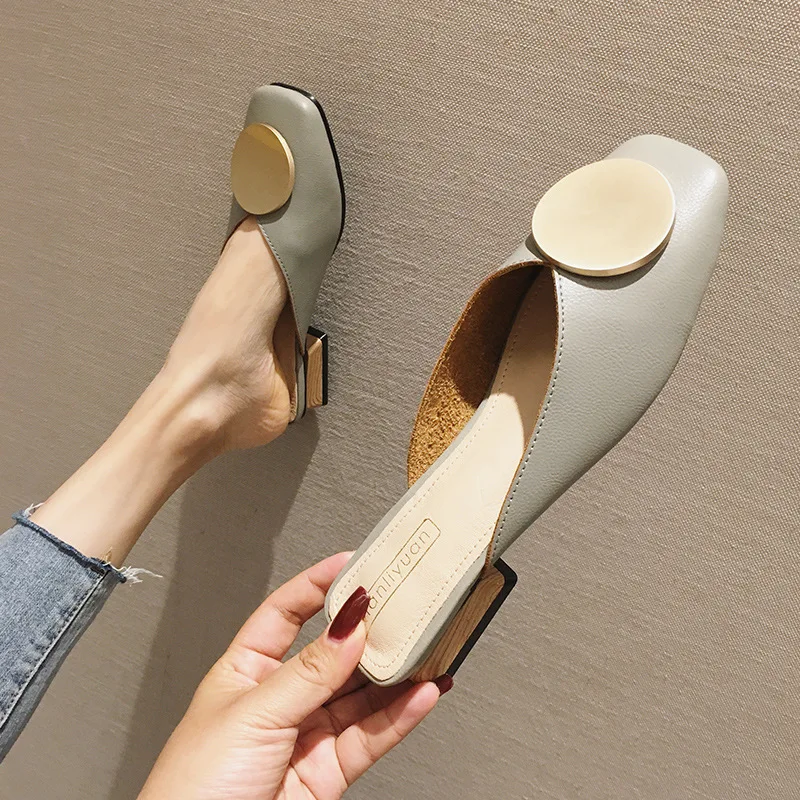 Brand Designer Women Slippers Slip On Mules Flat Heel Casual Shoes British Buckle Slides Wooden Block Heels Summer Footwear