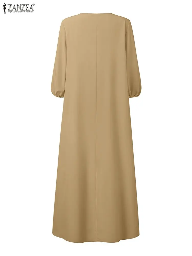 فساتين ماكسي نسائية بطيات على شكل حرف a من ZANZEA لخريف 2025 موضة رقبة دائرية 3/4 كم فانوس بلون سادة فستان طويل فضفاض 3XL