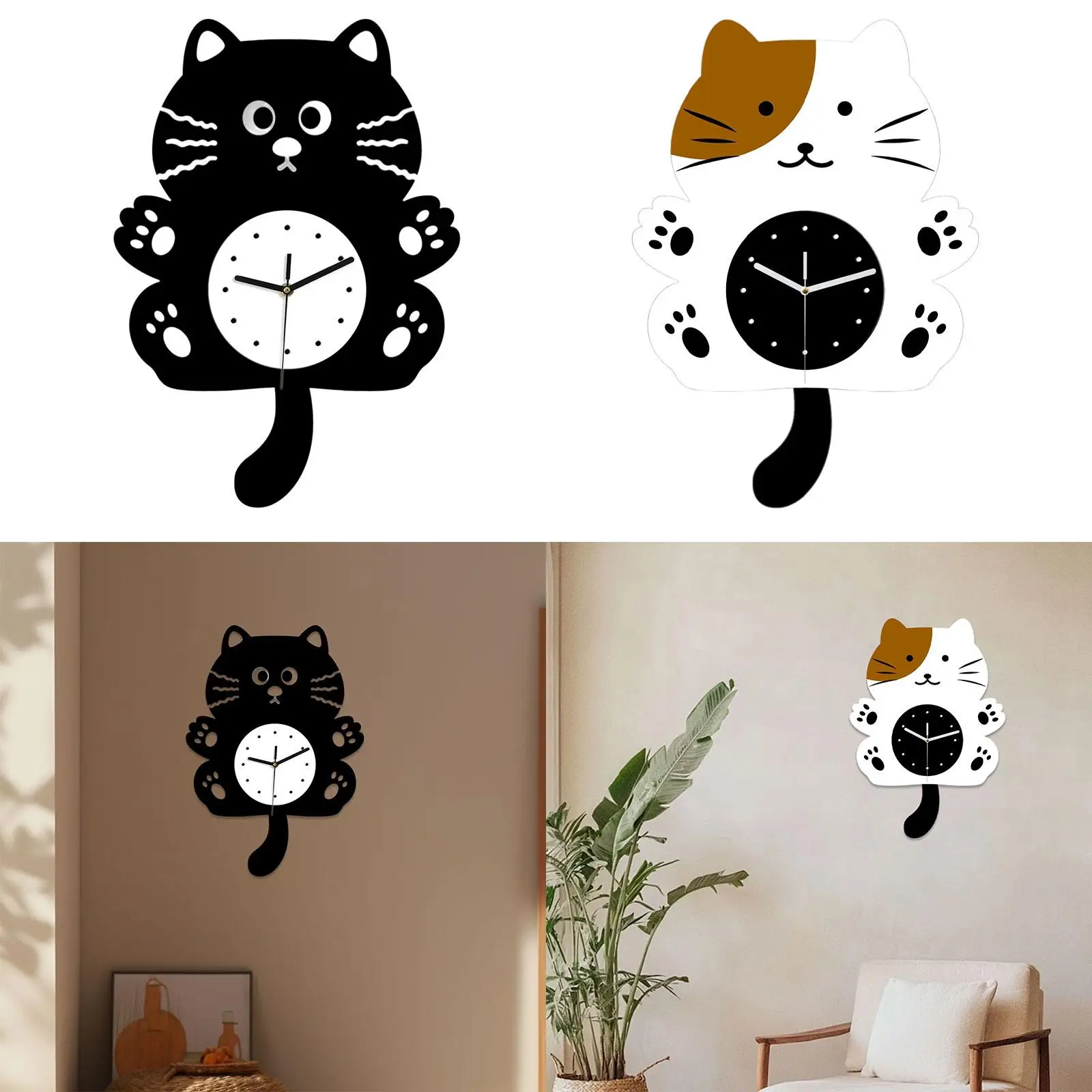 Creative Fun Cartoon Cat Wall Clock Indoor Decor Cute Animation Style Silent Clock Multipurpose Modern Kid Home Room Decoration