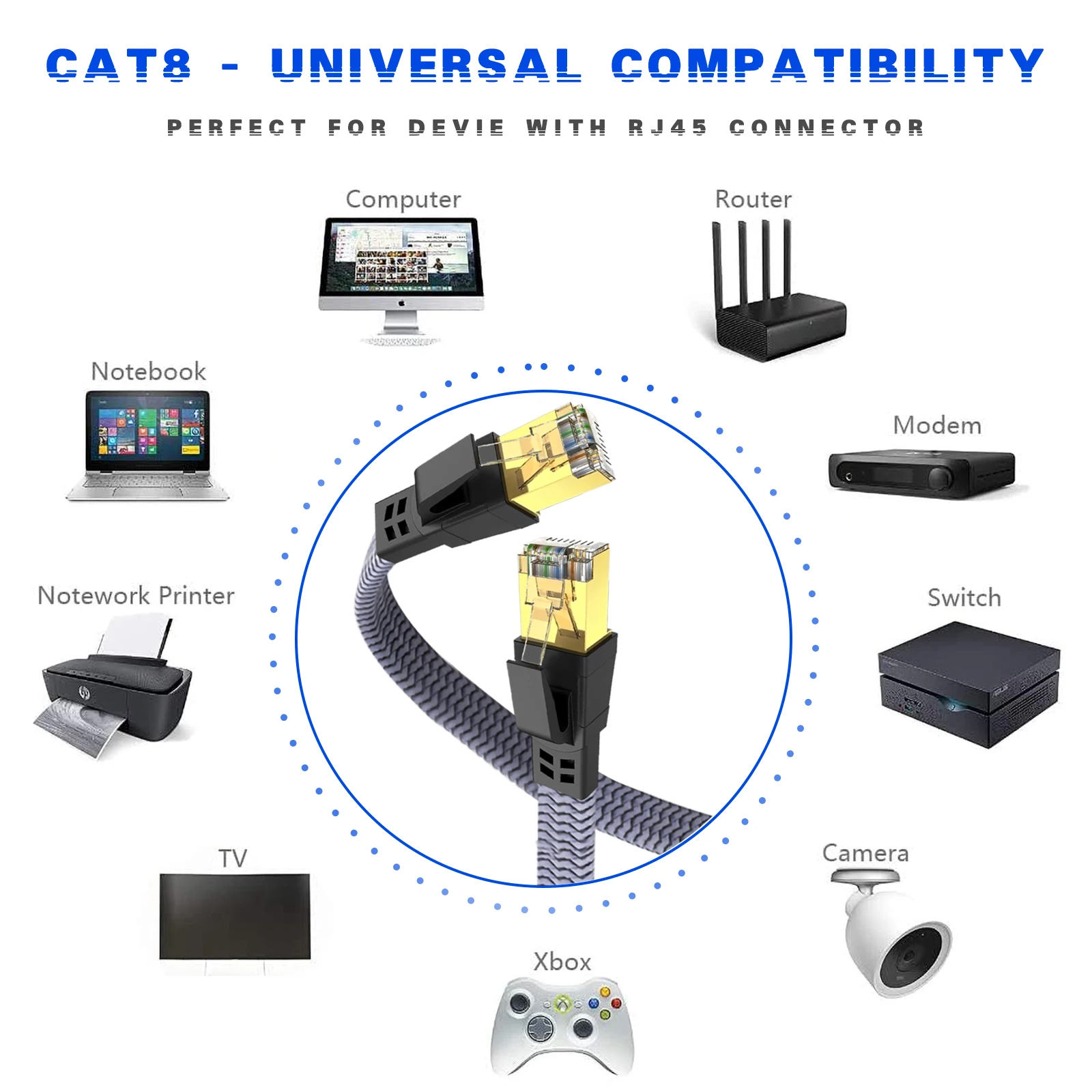 D-Sunty-Nylon Trançado Rede Lan Cord, CAT8 Cabo Ethernet, PC Modem, Laptop, PS 5 Router, RJ45 Flat Cable, Cat 8, 40Gbps