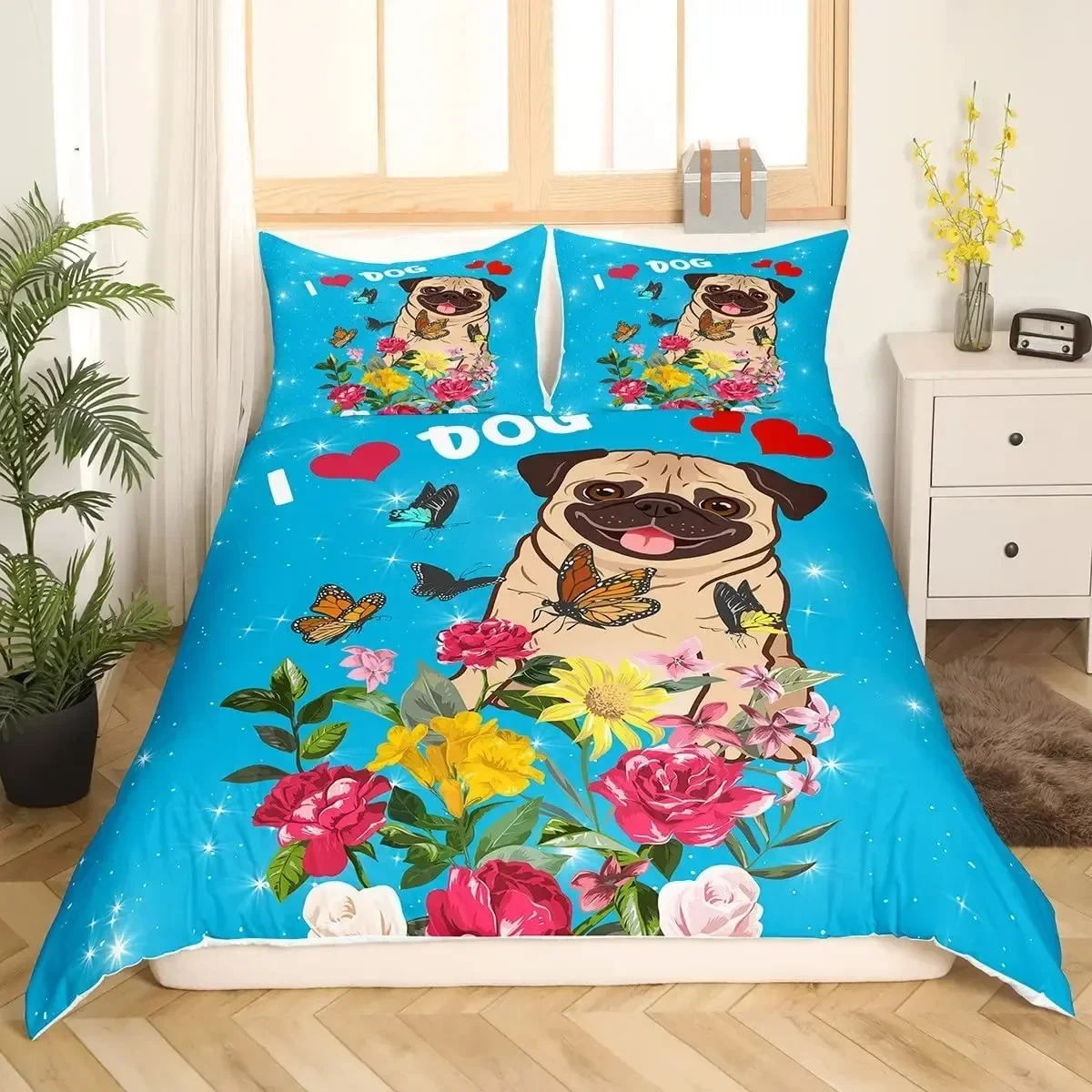 

Cartoon Pug Dog Comfortable Duvet Quilt Cover Pillowcase Bedding Set Children Bedroom Decoration Home Textile