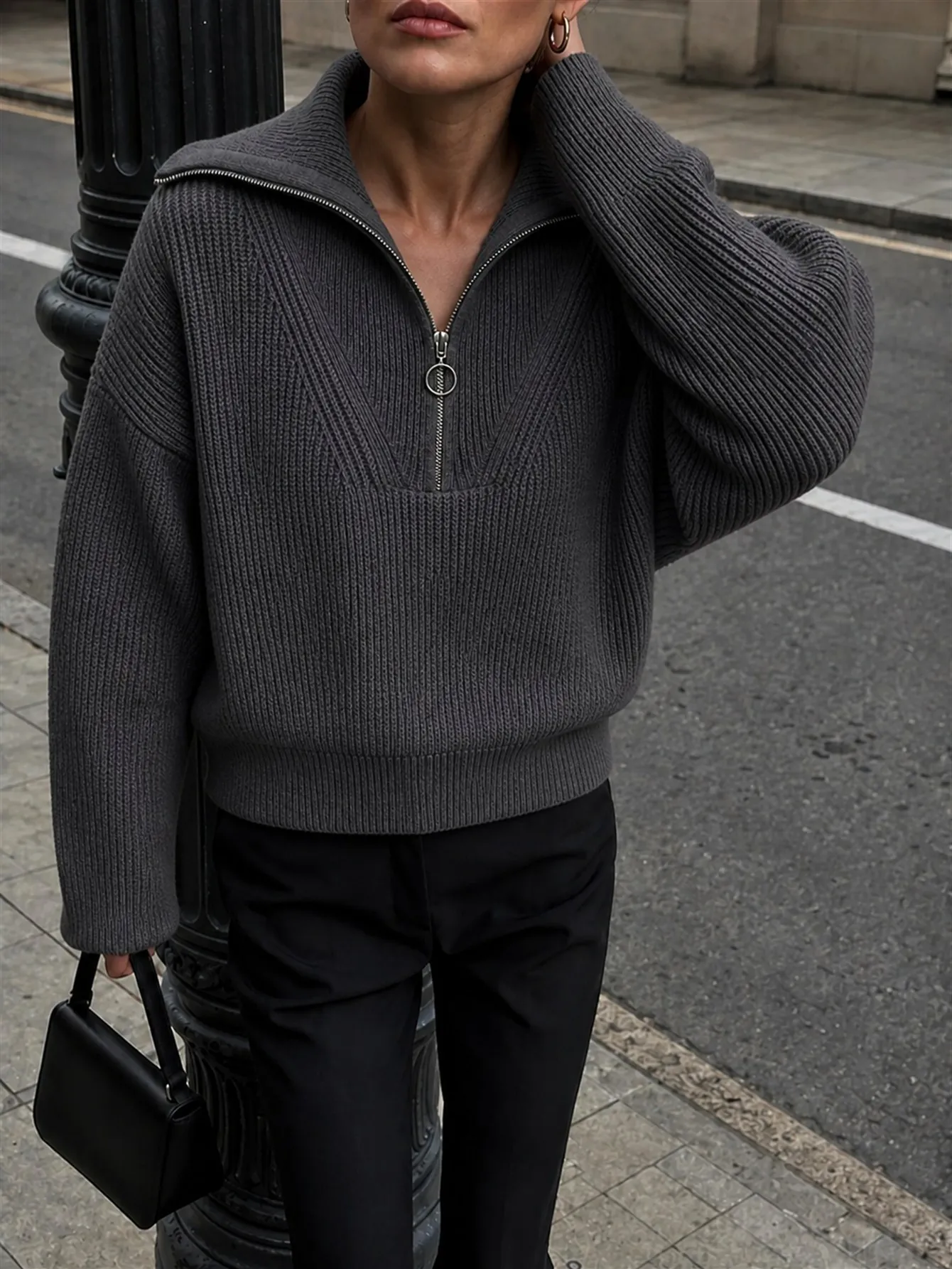 Casual Quarter Zip Sweater Women Half Zip Pullover Wide Collar Long Sleeve Ribbed Knit Sweater Loose Fit Jumper For Fall Winter