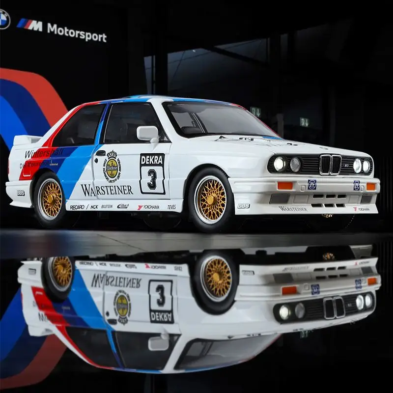 1:24 BMW M3 E30 1987 DTM aluminiowy model samochodu dźwięk i światło wycofać zabawki dla dzieci kolekcje prezent urodzinowy