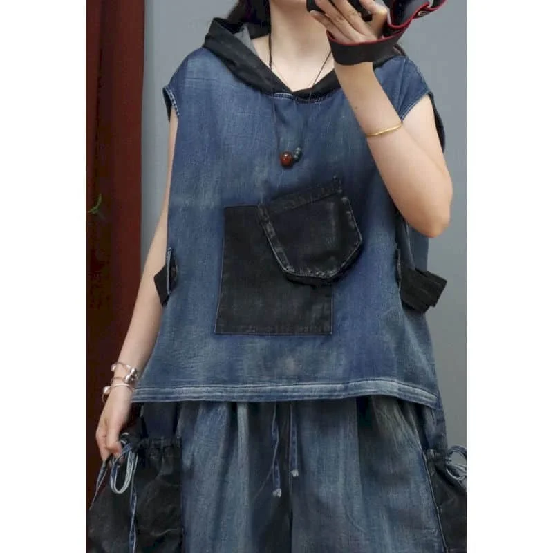 Oversized Short Sets Denim Casual Hooded Vest Loose High Street Elastic Waist Shorts Women Denim Two Piece Sets Women Outfits