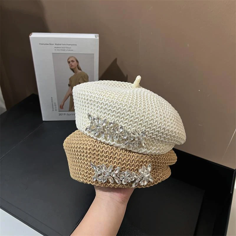 Women New Fashion Octagonal Cap Rhinestones Decorate French Fixed Painter Big Breathable Beret Hat
