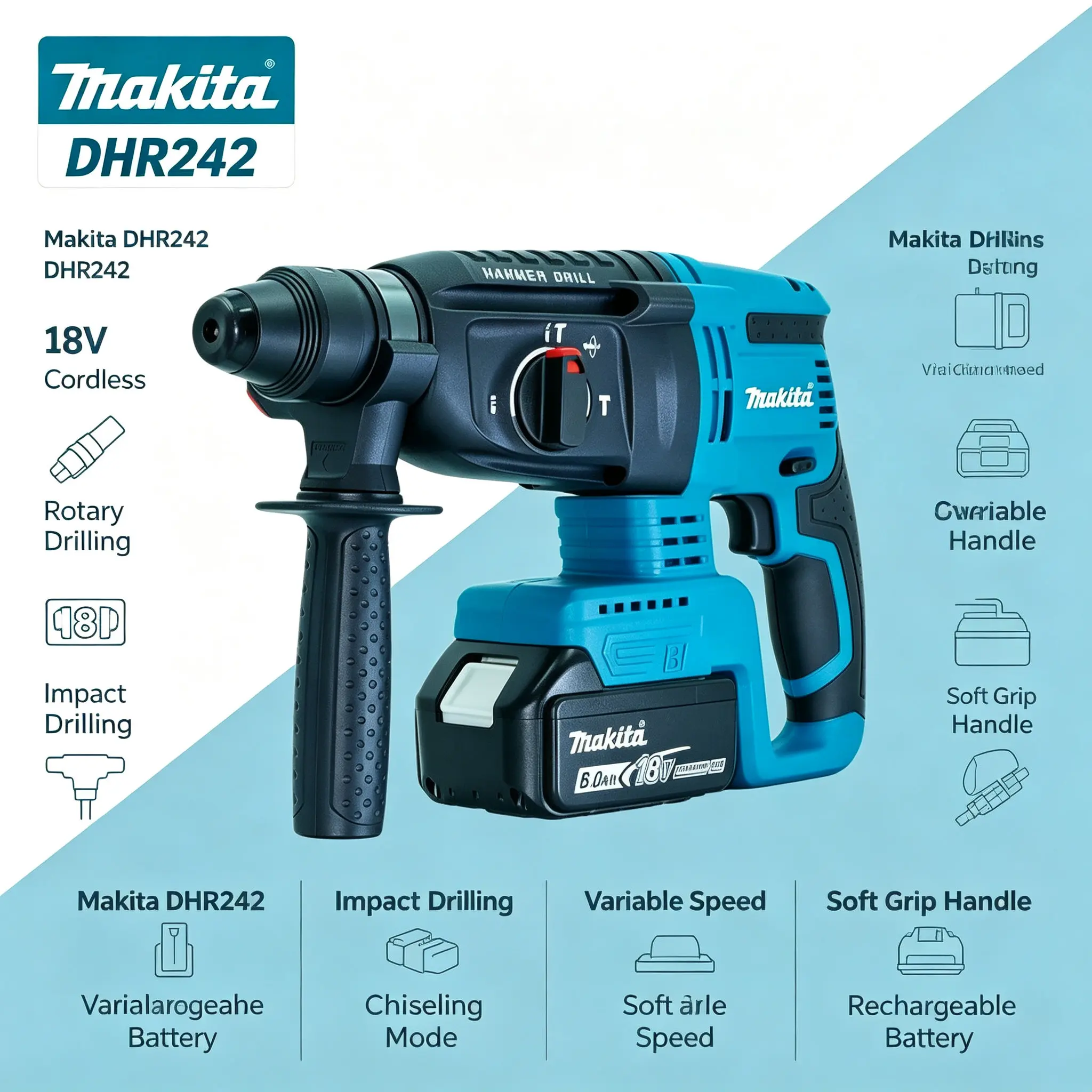Neuer originaler Makita DHR242 18V Akku-Bohrhammer, 13,5 m/s² Anti-Vibrations-System sorgt für komfortablen Betrieb bei wiederholten langen Bohrsitzungen auf Betonuntergründen.