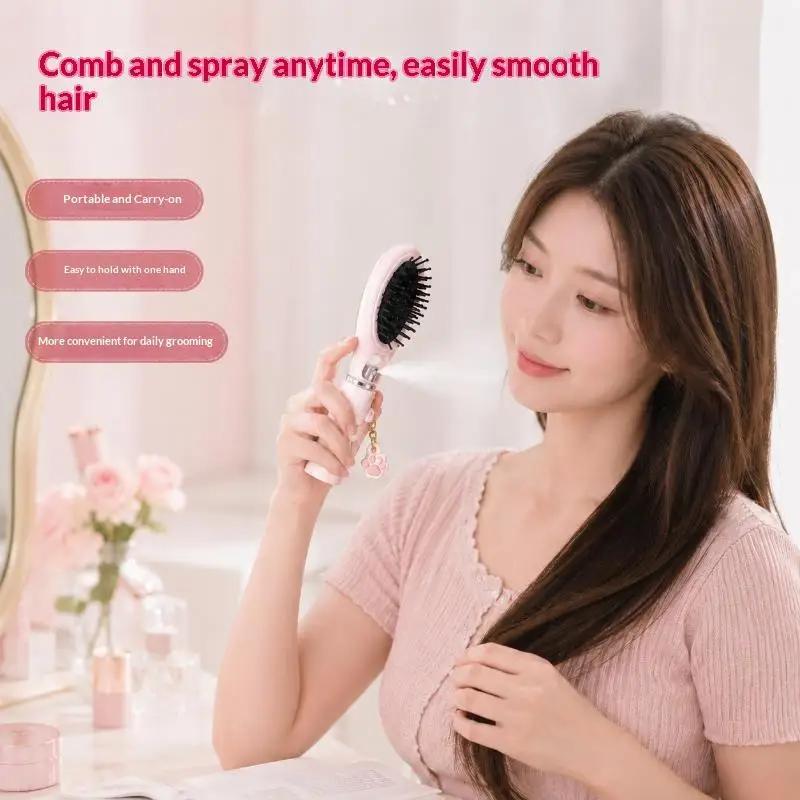 【HBA】Refillable 2in1 Spray Misting Hair Brush With Cat Paw Pendant Water Mist Spray Anti-static Smooth Hair Styling Tool Women