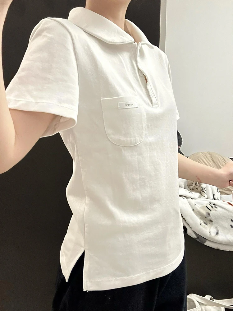 

Корейский Sle White Slim Fit ort Sve irt Женский летний новый топ с откидным воротником, дышащий, влажный ng...