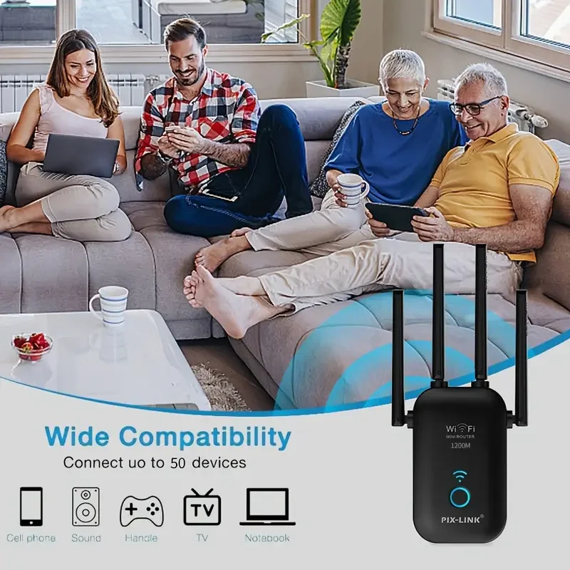 PIX-LINK AC1200 Dual Band Wireless Extender/RouterAP Signal Booster Wide Coverage Solve WiFi Blind Spots Supports Up to 20 Conne