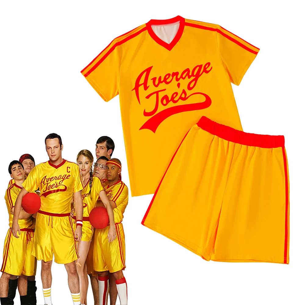 Película Dodgeball Cosplay Medium Joes disfraz Jersey amarillo con cuello en V ropa deportiva traje para hombre Top pantalones traje de baloncesto