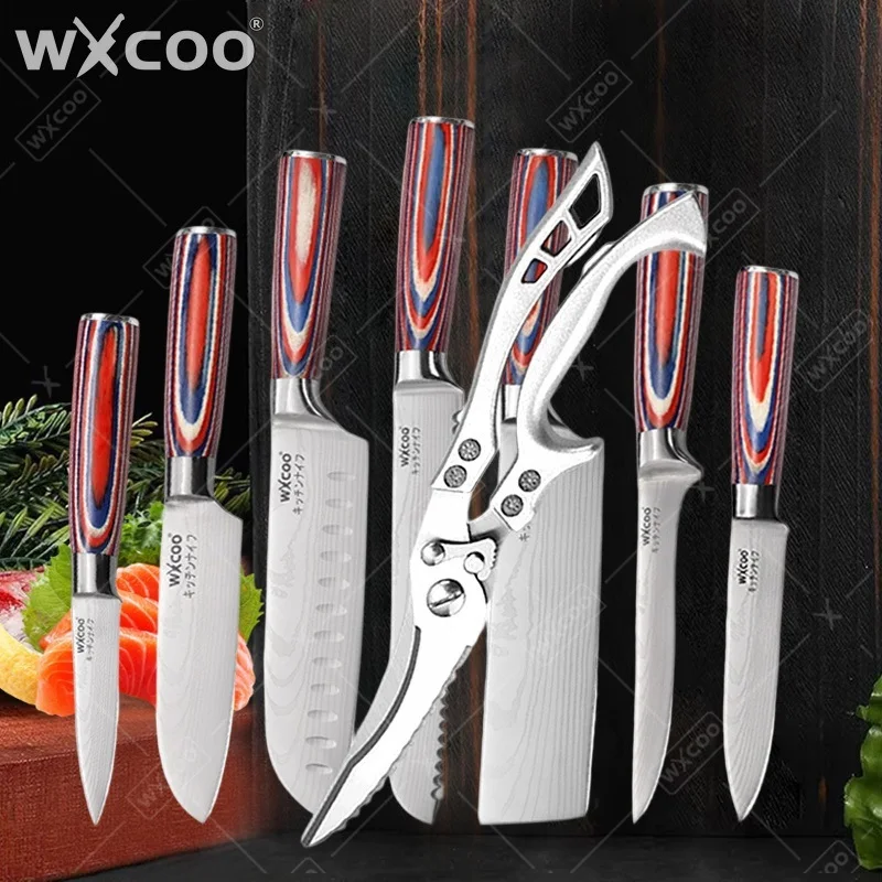 

WXCOO NEW Damascus Slicing Knife Fruit Kitchen Utility Wooden Cleaver Meat Boning Bread Cutter Scissor