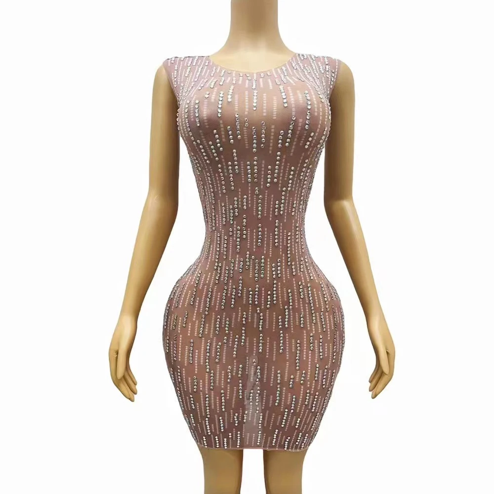 

Sexy Nude Transparent Mesh Silver Rhinestones Stretch Sleeveless Dress Evening Birthday Celebrate Costume Prom Party Show Gowns