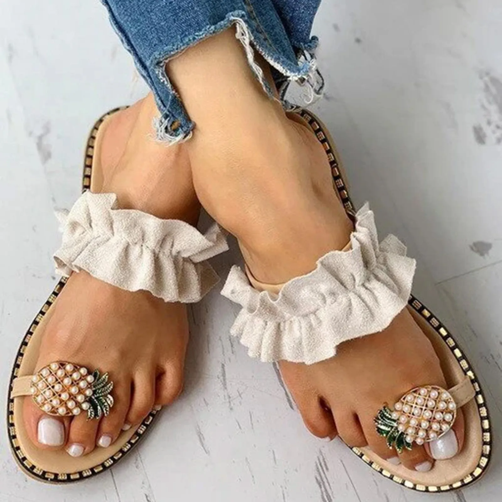 Women'S Beach Sandals Pineapple Thong Toe Rhinestone Lace Slippers Outer Casual Saltwater Sandals For Women Fashion Flip Flops