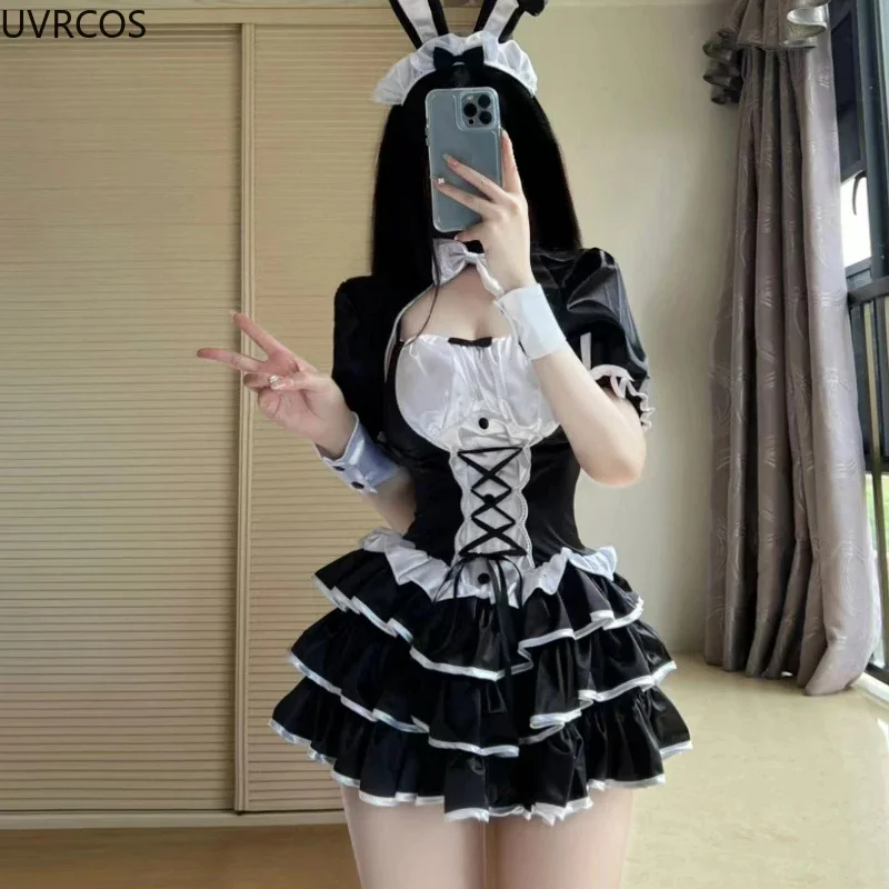일본 한국 패션 메이드복 고딕 Y2K 로리타 드레스 여성 시크 보우 가디건 스윗 러플 슬림 스트랩 미니 드레스