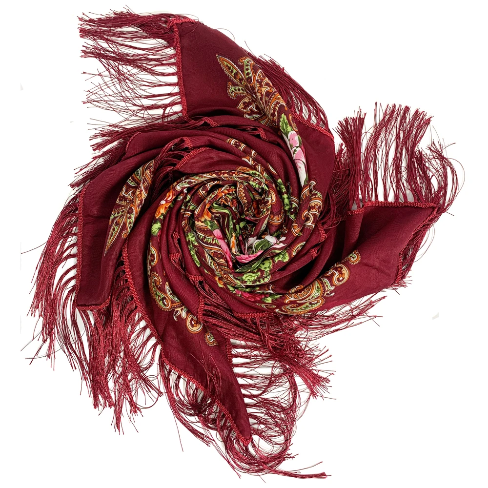 130*130CM Russian Scarf Women\'s Ethnic Retro Bandana Floral Print Luxury Shawl with Fringed Handkerchief Babushka Head Wraps