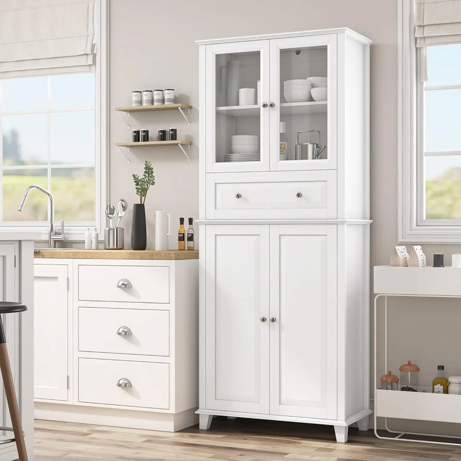 76'' Kitchen Pantry Storage Cabinet, Pantry Cabinet, Freestanding Kitchen Cupboard with Large Drawer, Doors, and Adjustable