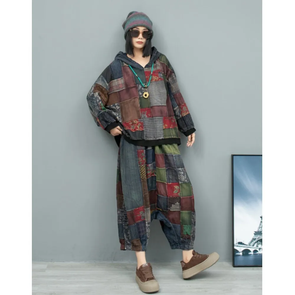 

Heavy Industry Splicing Hooded Top + Big Crotch Pant Two Piece Set Women Outfit 2024 Autumn Loose Matching Pant Set ZF235